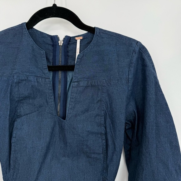 Free People Karmen Cotton Denim Mini Dress Deep Sea Wash Chambray Long Sleeve S - Picture 9 of 11